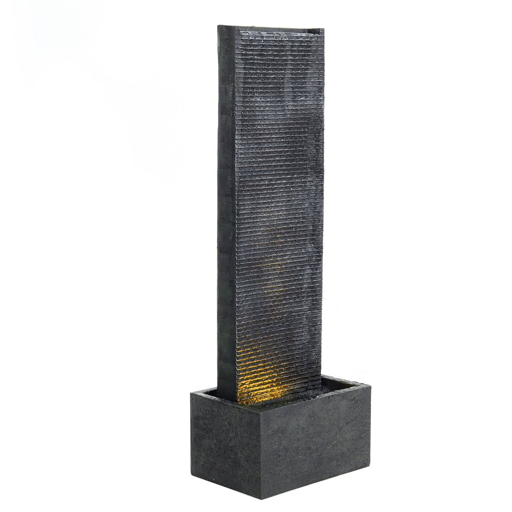 98cm H Black Rectangle Waterfall Stone Look Water Fountain with LED Light