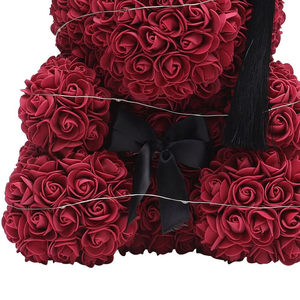 Simulation Foam Forever Rose Teddy Bear Gift Box-Black Tassel Black Hat-Wine Red