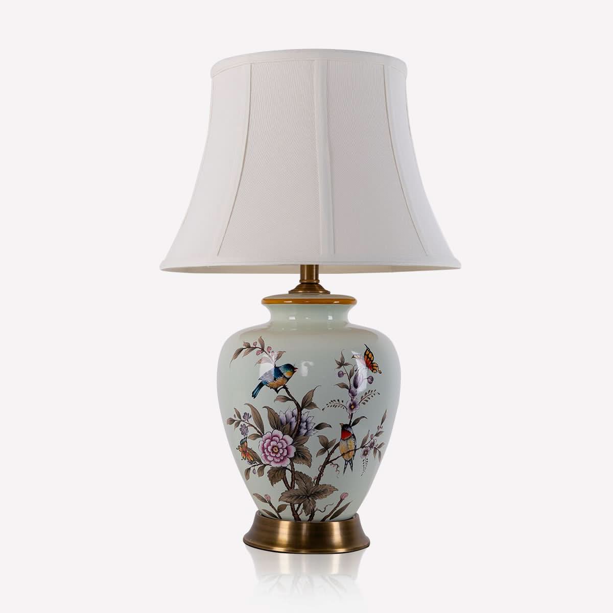Lightsin Vintage Ceramic Bird-Pattern Table Lamp with Fabric Shade