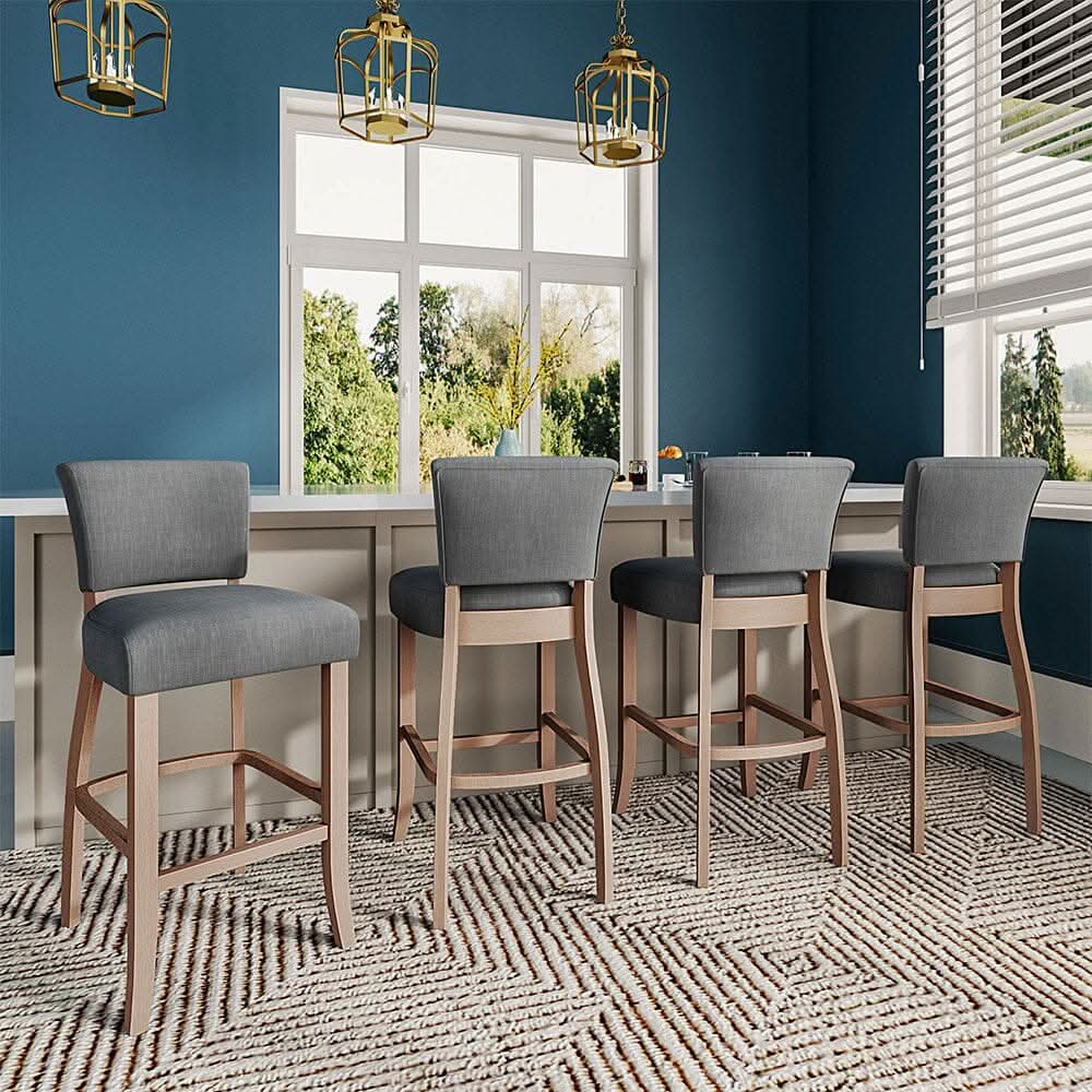 Set of 2 Linen Upholstered Bar Stools with Natural Wood Legs