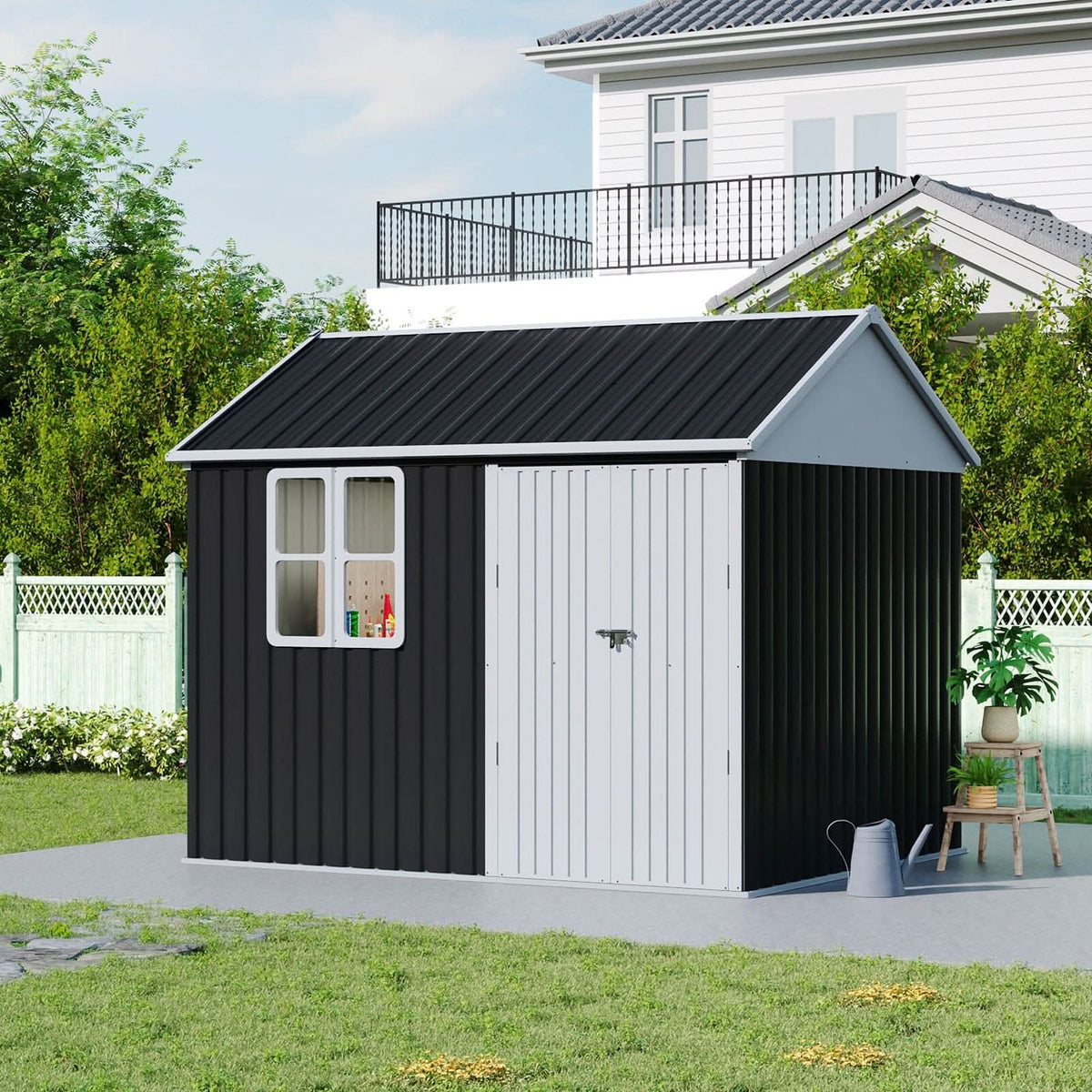7X4ft/8.5X5.5ft/10x8ft Charcoal Black Storage Shed with Double Doors and Grid Window