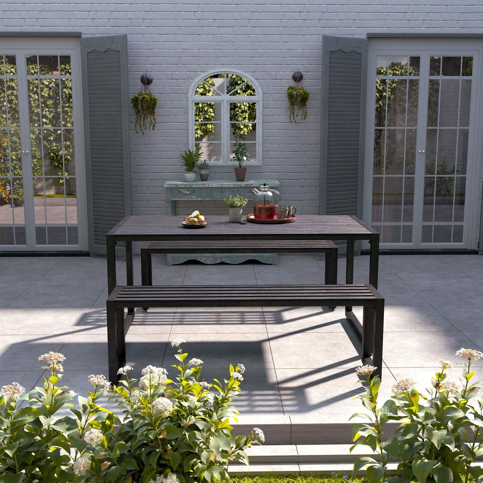 6 - Person 150cm Long Iron Outdoor Dining Set Garden Table and Bench