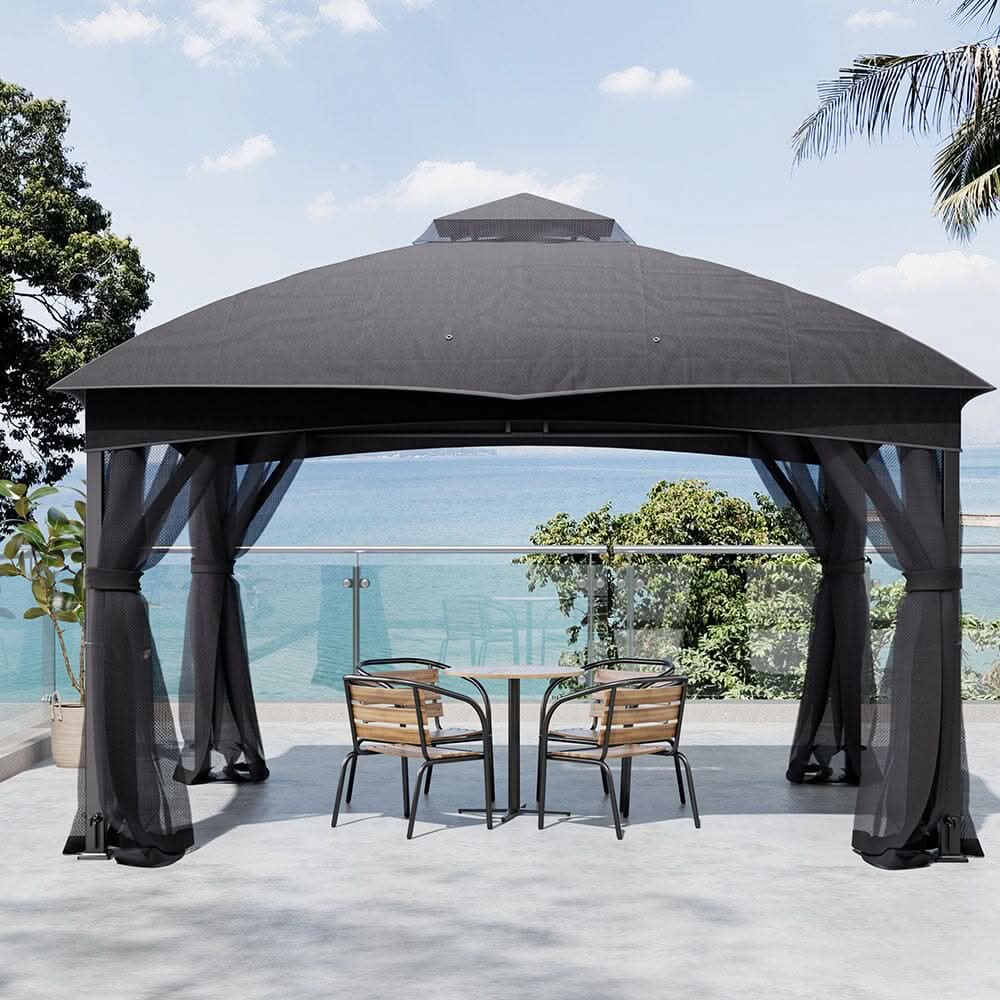 13ft Metal Pergola Refined Deep Gray with Enclosed Mesh Drapes