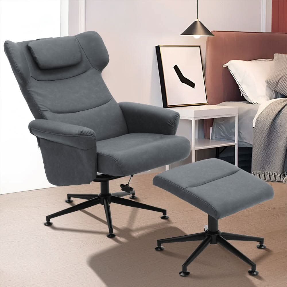 Black/Grey/Brown Faux Leather Swivel?Armchair with Footstool