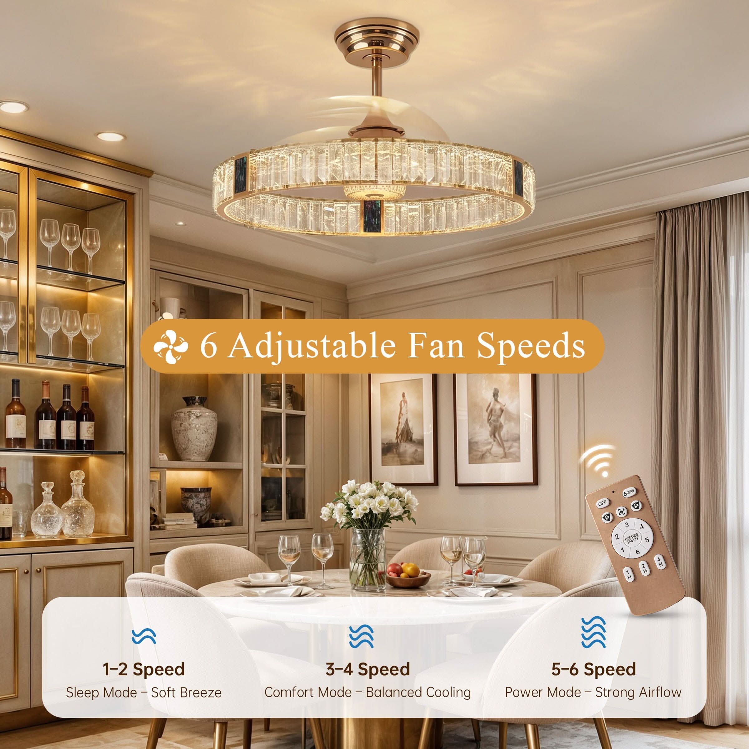 Lightsin 60cm Gold Crystal Ceiling Fan with LED Light, Remote Control & 6 Speeds
