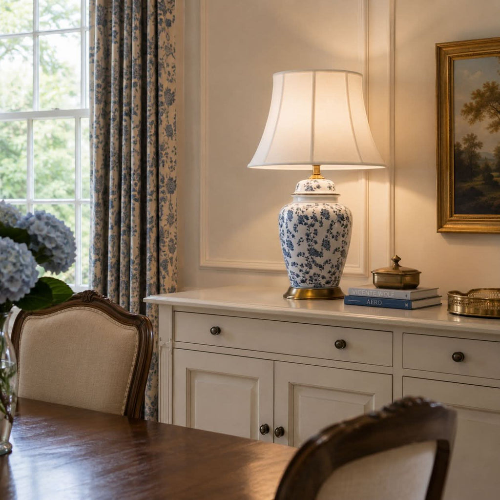 Lightsin Blue Floral Ceramic Table Lamp with Fabric Shade and Brass Base