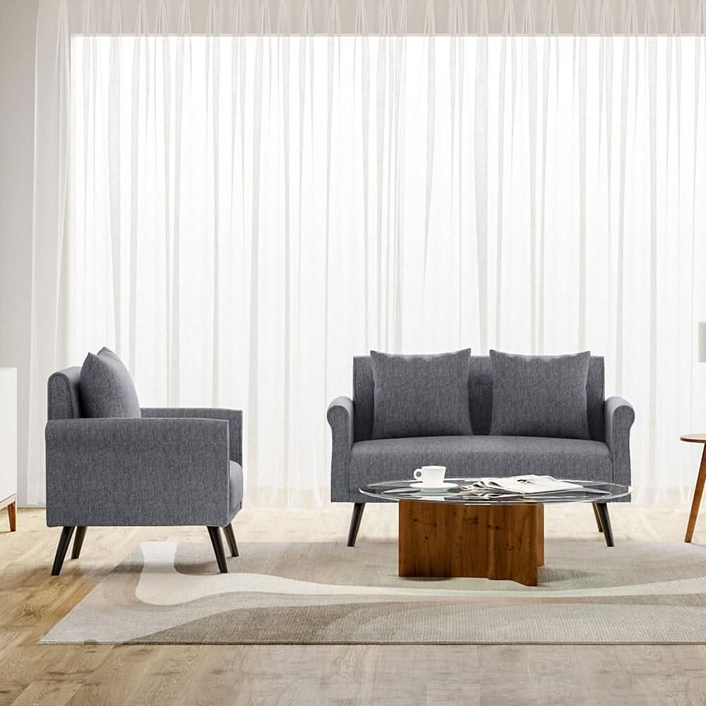 Modern Upholstered Fabric Sofa 2 Seater with 2 Pillows in Grey