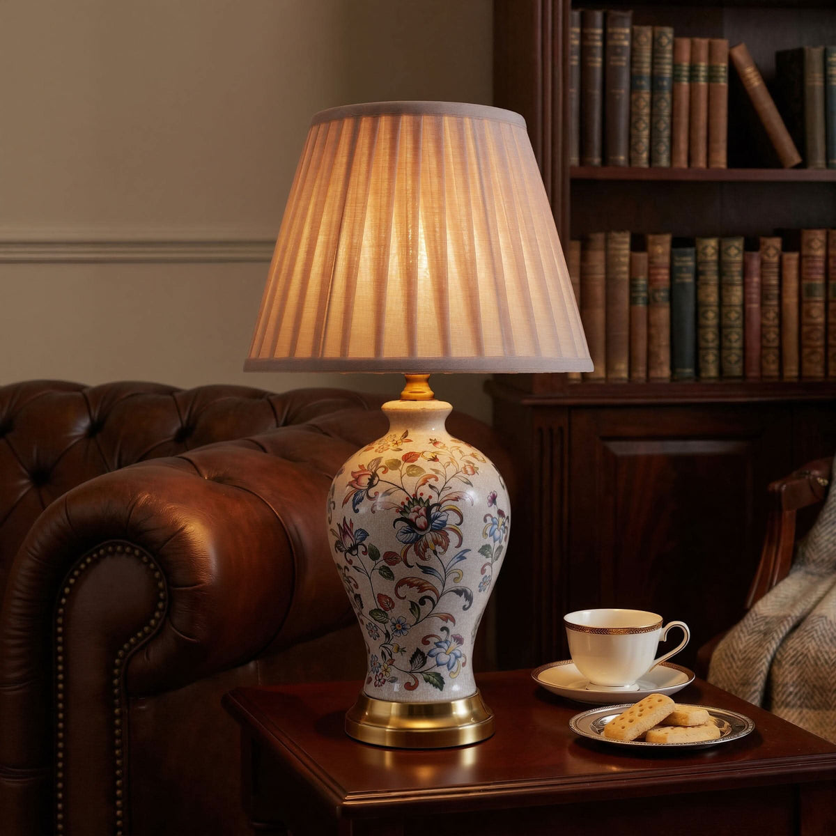 Lightsin Chinoiserie Hand-Painted Porcelain Table Lamp with Pleated Linen Shade