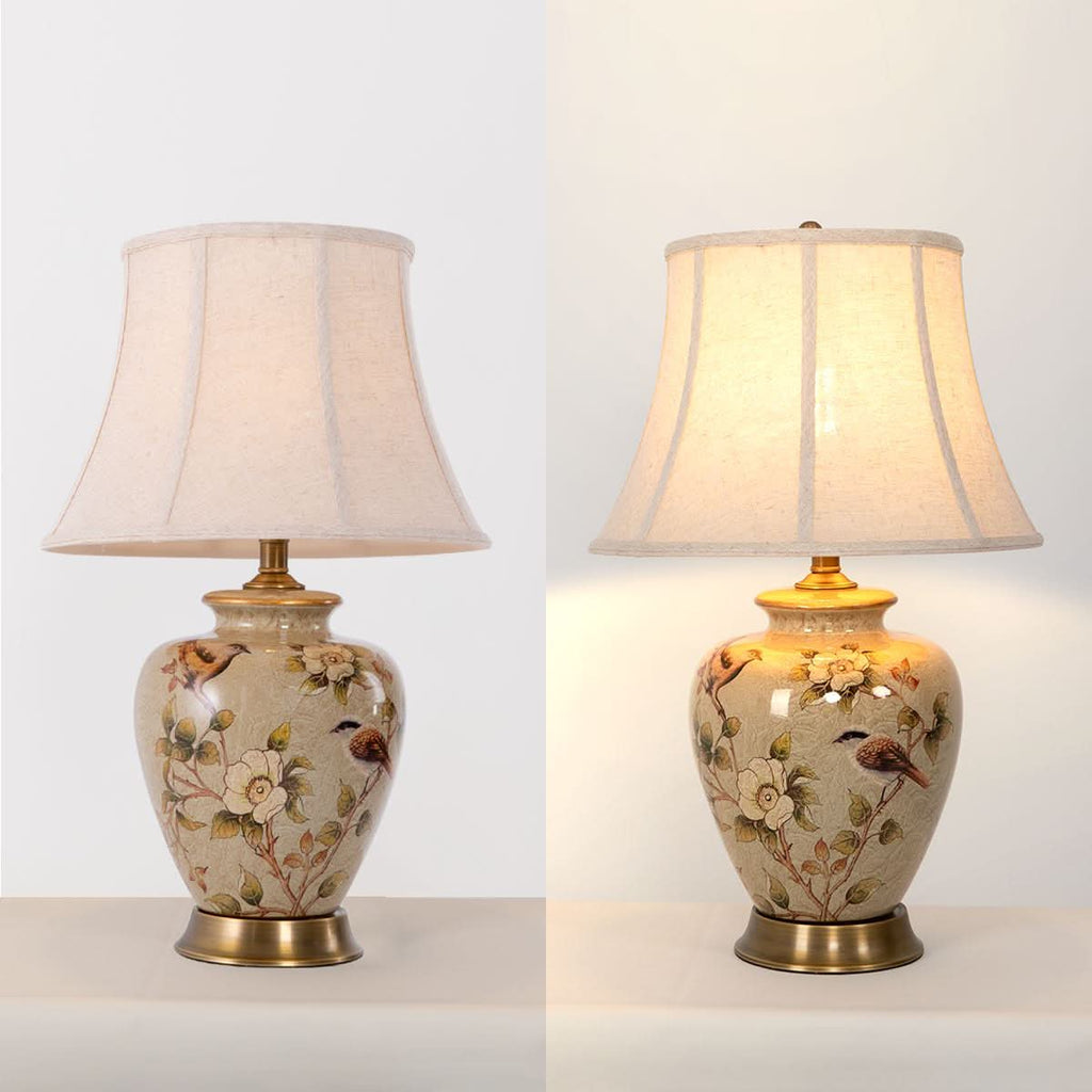 Lightsin Vintage Ceramic Bird-Pattern Table Lamp with Fabric Shade