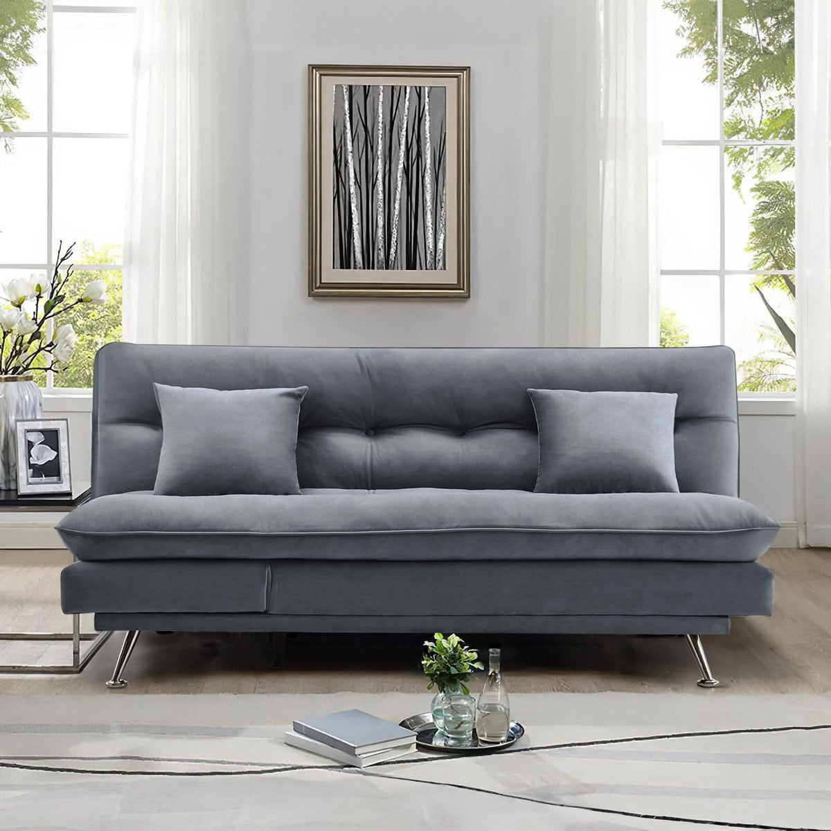 Modern 3-Seater Linen Fabric Sofa Bed with Cushions and 2 Pillows