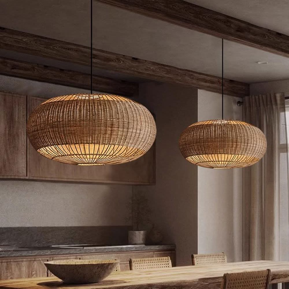 Lightsin Handcrafted Rattan Pendant Light in Flat Round Basket Shape