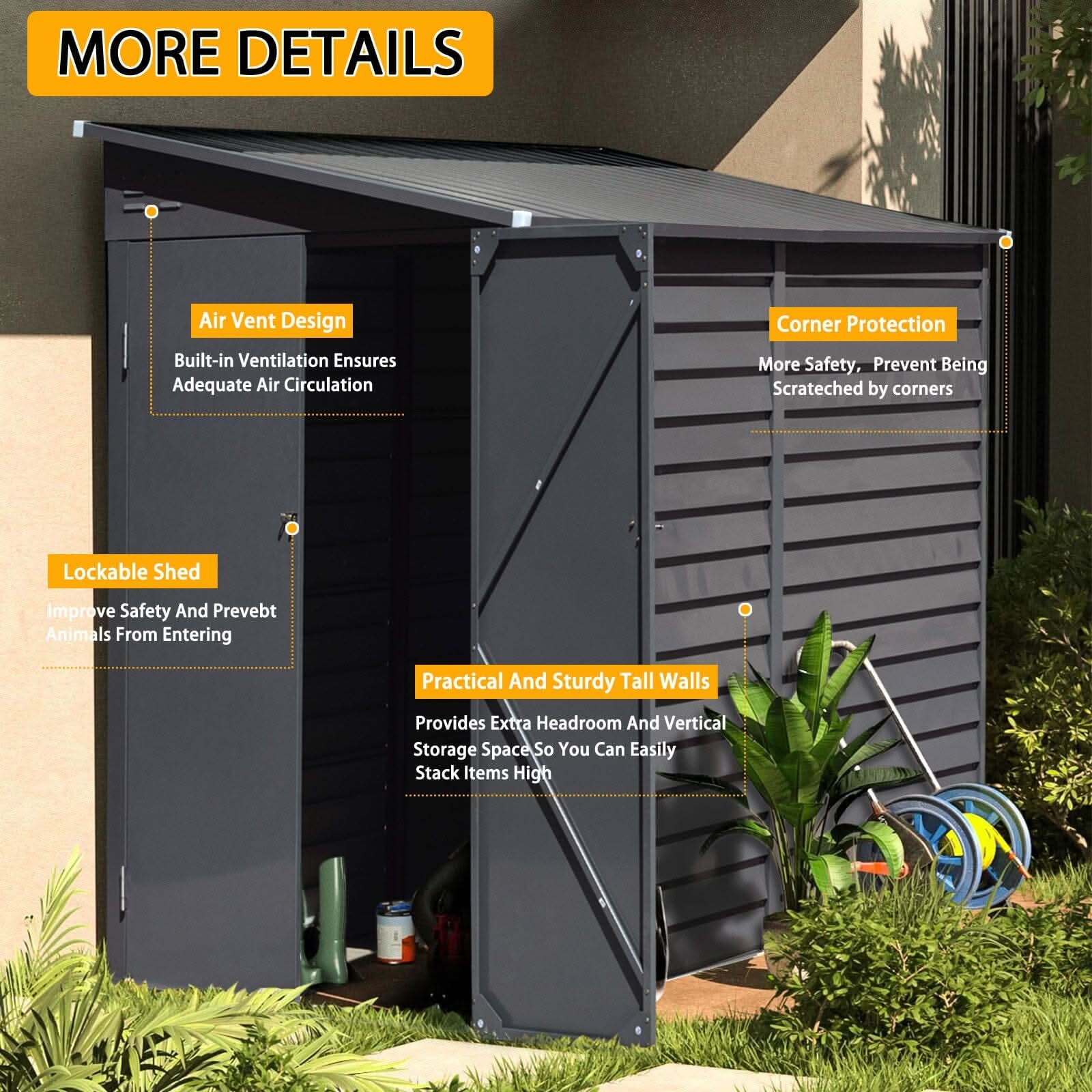 4.6×9 ft Steel Garden Bike Storage Shed Grey/White/Black Lockable