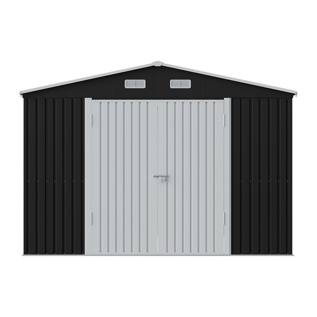 12x10ft / 10x12ft / 10x16ft Charcoal Black Galvanized Steel Storage Shed with Double Lockable Doors & Grid Windows