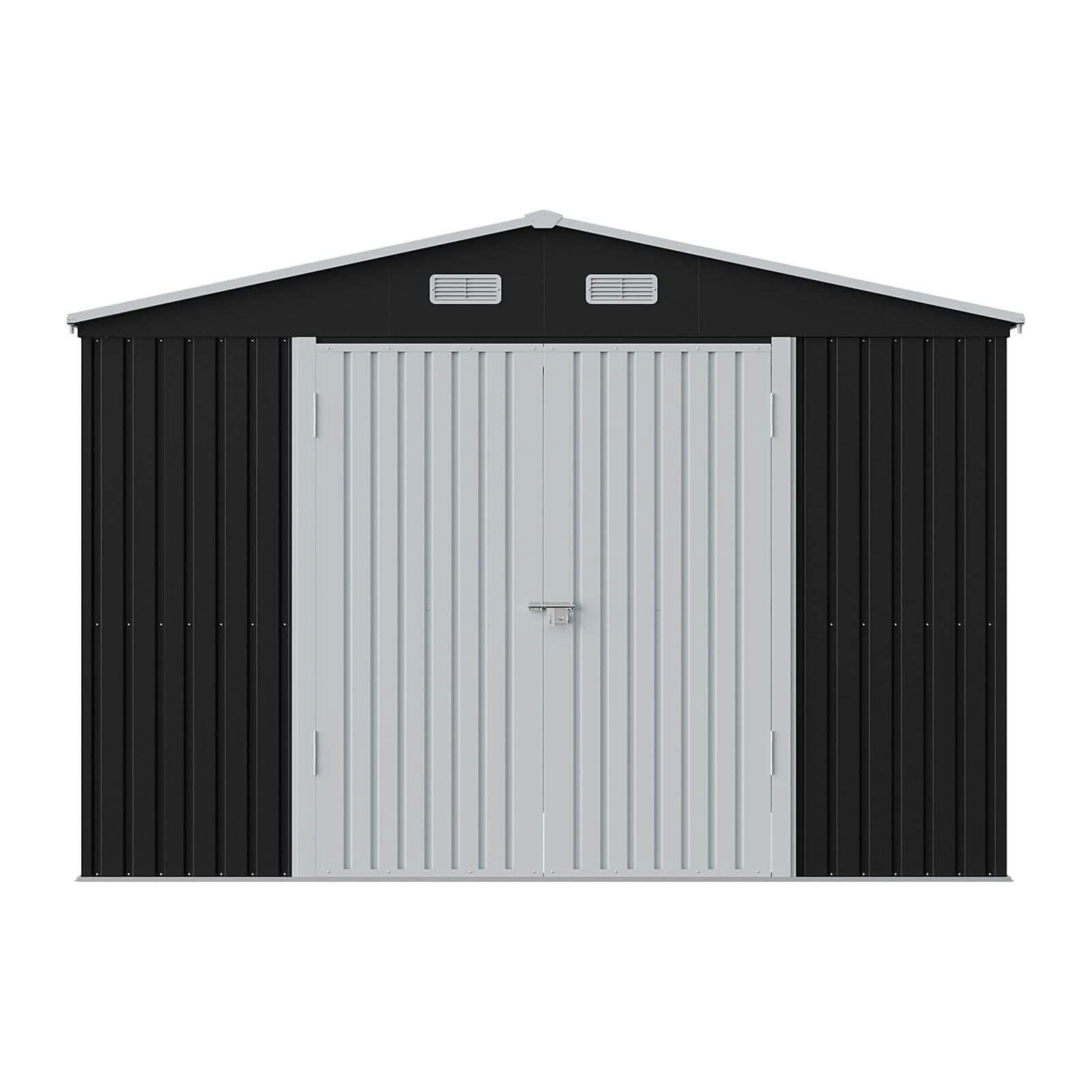 12x10ft / 10x12ft / 10x16ft Charcoal Black Galvanized Steel Storage Shed with Double Lockable Doors & Grid Windows