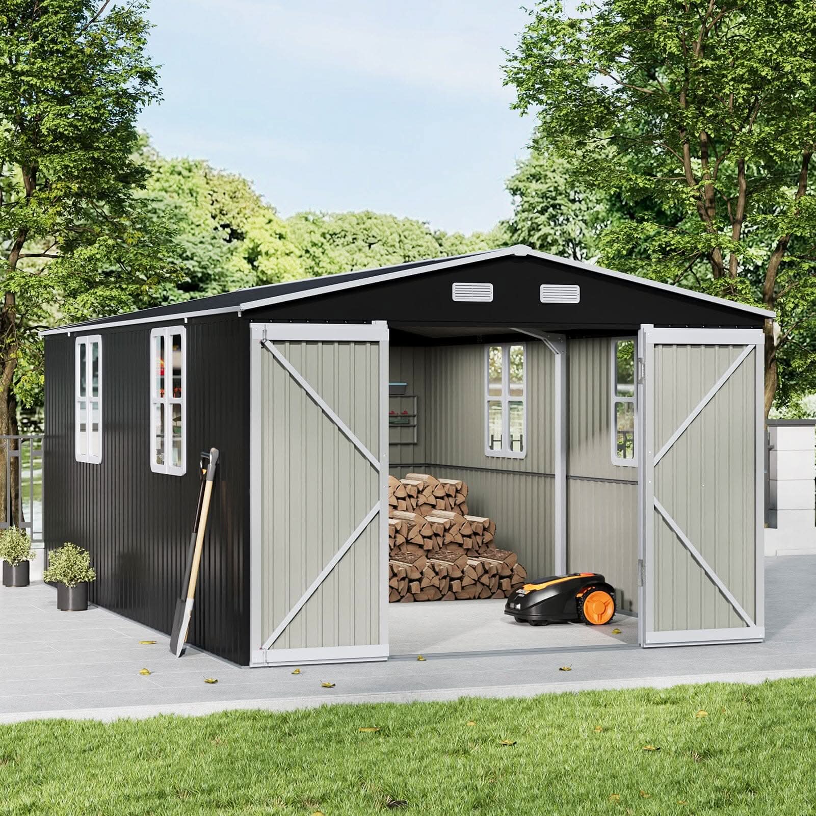 12x10ft / 10x12ft / 10x16ft Charcoal Black Galvanized Steel Storage Shed with Double Lockable Doors & Grid Windows