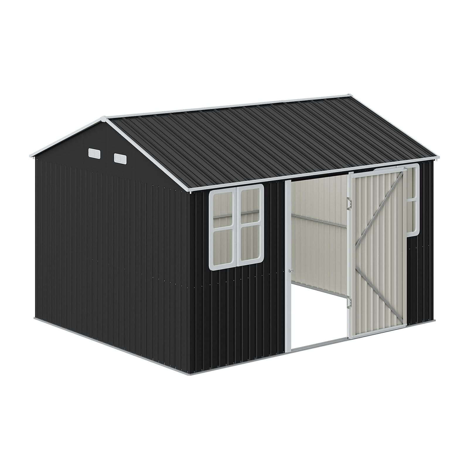 12x10ft / 10x12ft / 10x16ft Charcoal Black Galvanized Steel Storage Shed with Double Lockable Doors & Grid Windows