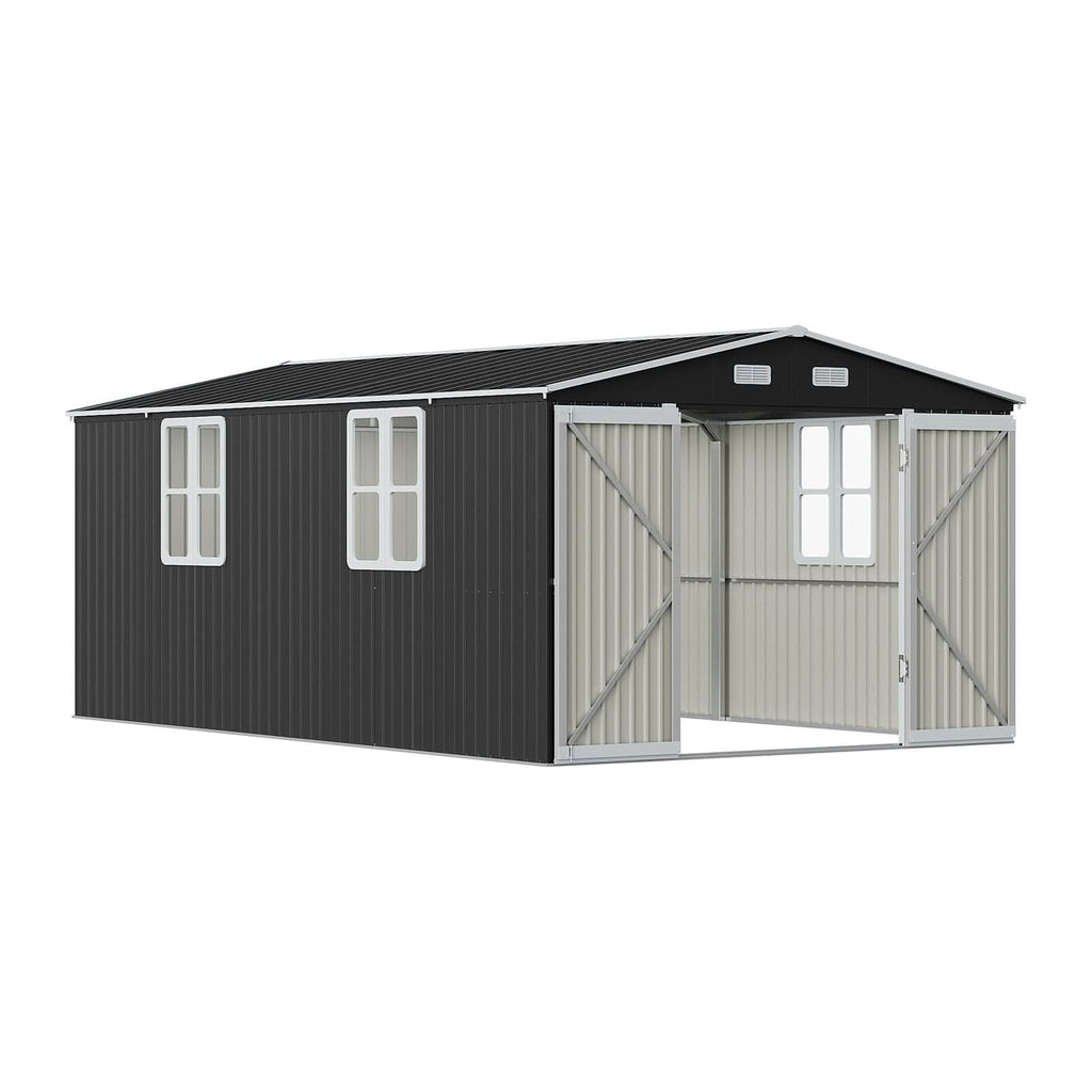 12x10ft / 10x12ft / 10x16ft Charcoal Black Galvanized Steel Storage Shed with Double Lockable Doors & Grid Windows