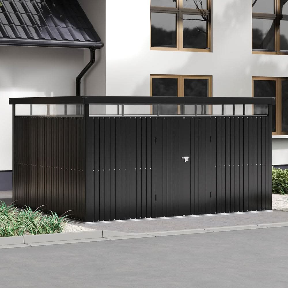 2x2.6x2m/1.6x2.6x2m/2.6x3x2m/4x3x2m Charcoal Black Galvanized Steel Storage Shed with Double/Single Lockable Doors