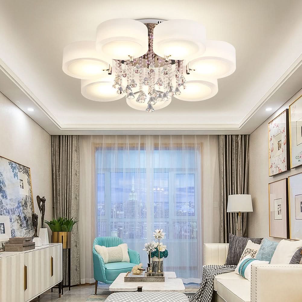 Ceiling Light Semi-Flush Mount, Cylindrical Acrylic Lampshades, Crystal Drops