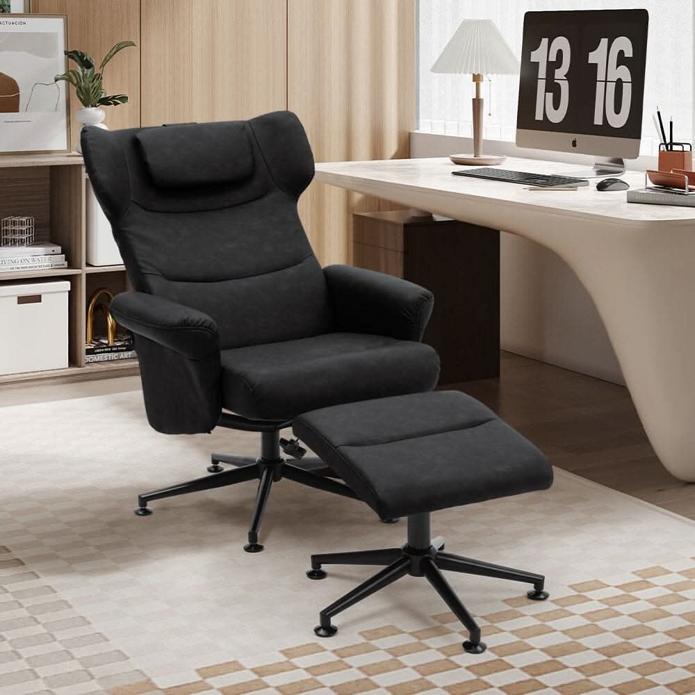 Black/Grey/Brown Faux Leather Swivel?Armchair with Footstool
