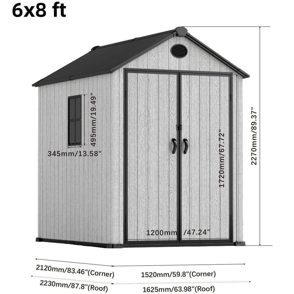 6'x8'ft/8'x8'ft/8'x12'ft/8'x16'ft Gray Wood Grain Plastic Tool Shed
