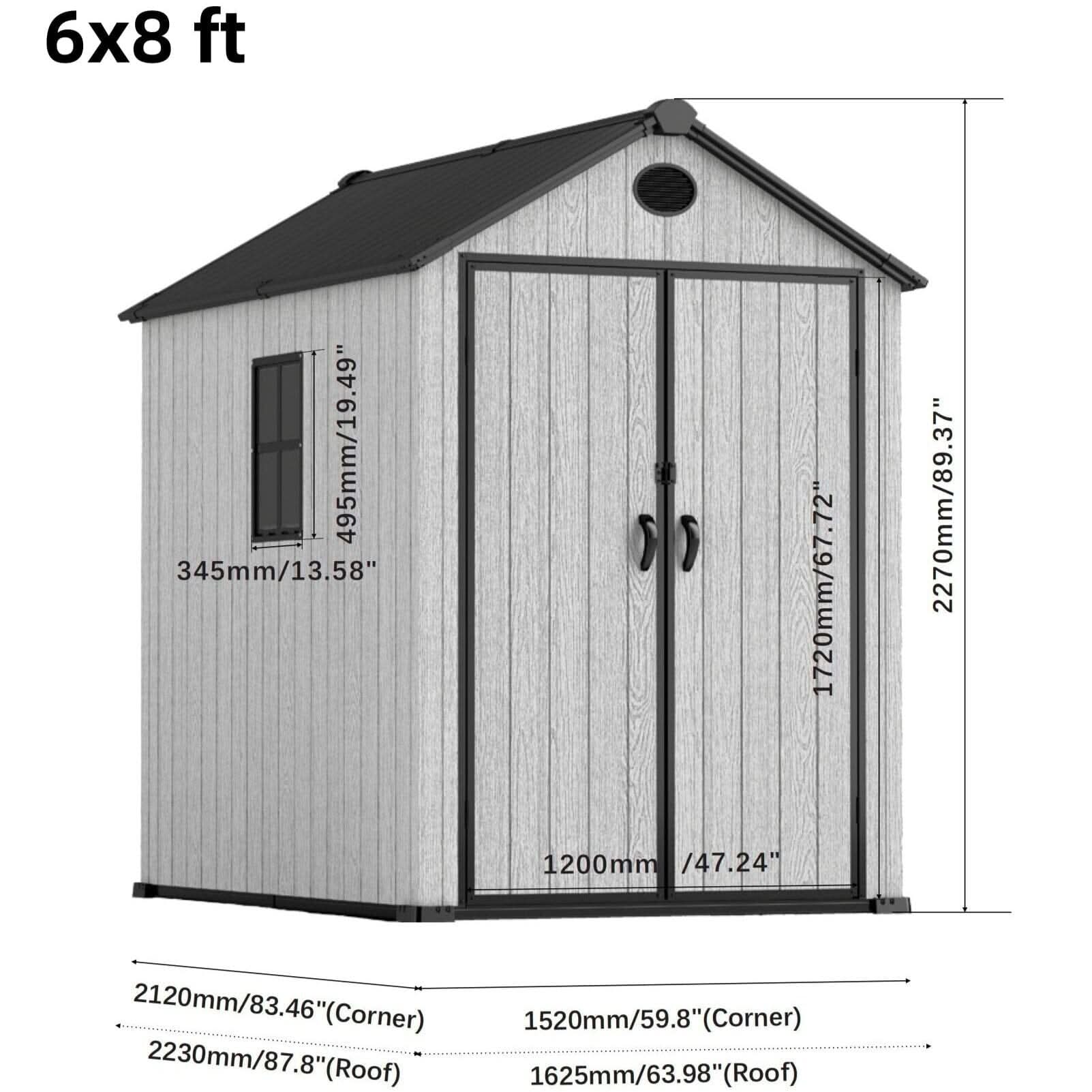 6'x8'ft/8'x8'ft/8'x12'ft/8'x16'ft Gray Wood Grain Plastic Tool Shed