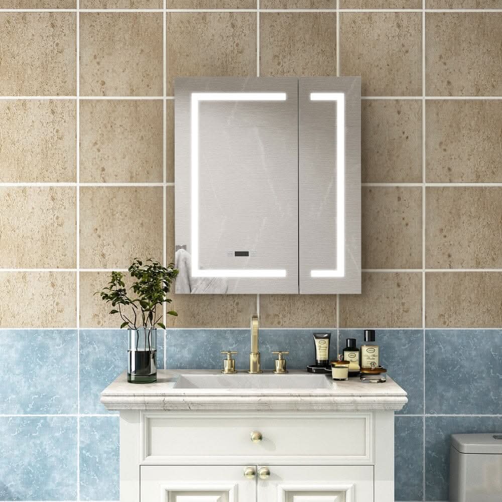 Frameless 2-Door LED Mirror Cabinet with Clock Display