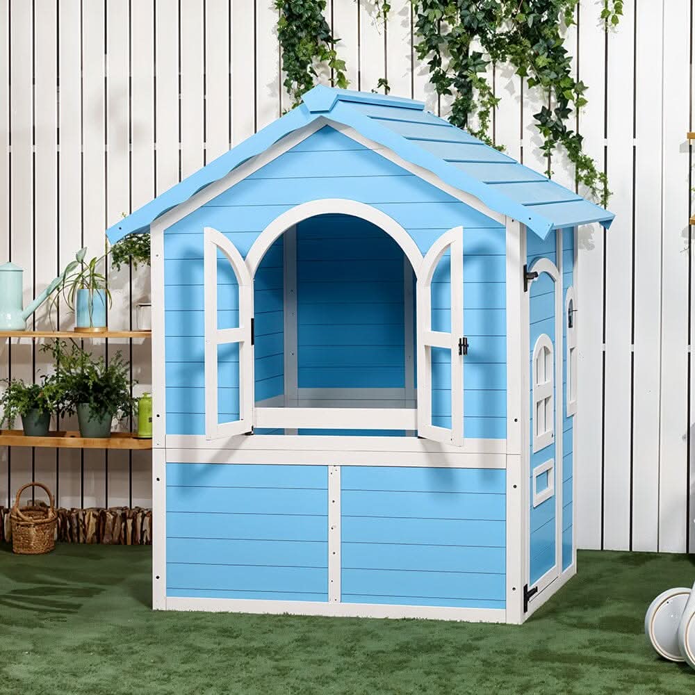Blue Wooden Playhouse for Kids with Doors & Windows – Polished Fir Wood, Easy Assembly