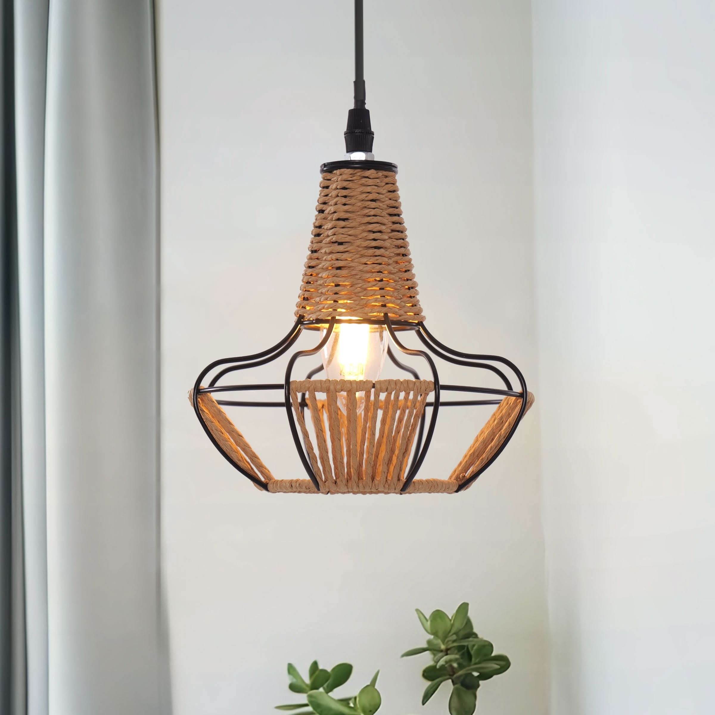 Glyph-Lightsin Rustic Iron Woven Rattan Pendant Light for Dining Room, Reading Corner & Bedroom