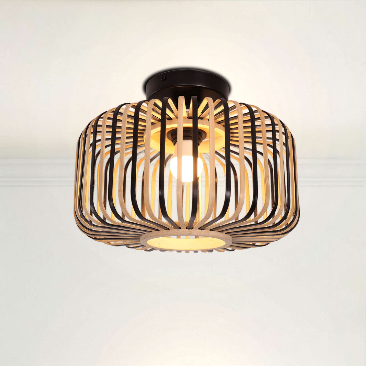 Lightsin Black Modern Ceiling Light – Handwoven Bamboo Pendant Light for Living Room, Bedroom & Kitchen