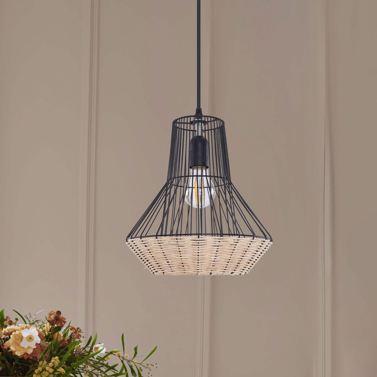 Glyph-Lightsin Geometric Rattan and Iron Pendant Light for Dining, Kitchen, and Living Rooms