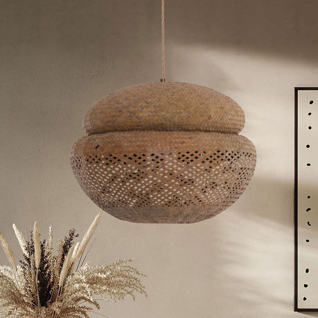 Lightsin Handwoven Natural Bulrush Pendant Ceiling Light with Pot Lid-Inspired Design