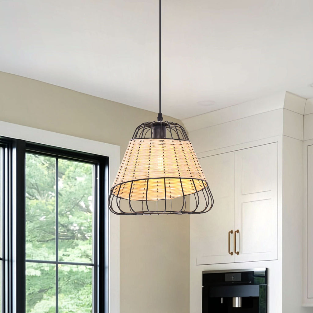 Glyph-Lightsin Rustic Iron Woven Rattan Pendant Light for Dining Room, Reading Corner & Bedroom