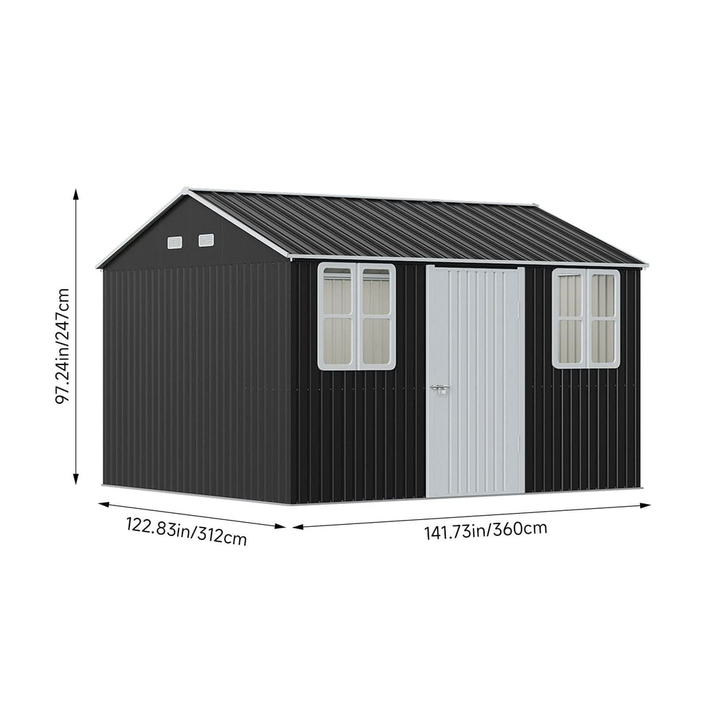 12x10ft / 10x12ft / 10x16ft Charcoal Black Galvanized Steel Storage Shed with Double Lockable Doors & Grid Windows
