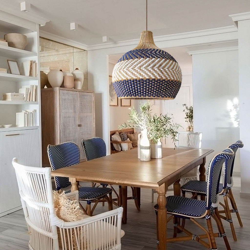 Lightsin Handwoven Blue and White Rattan Pendant Light