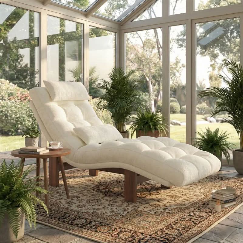Cottonfy Modern Ergonomic Corduroy Chaise Lounge with Natural Wooden Frame