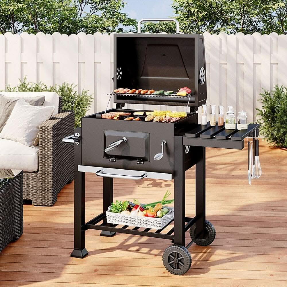 3ft Outdoor Carbon Steel BBQ Cooker BBQ Grill Side Shelves