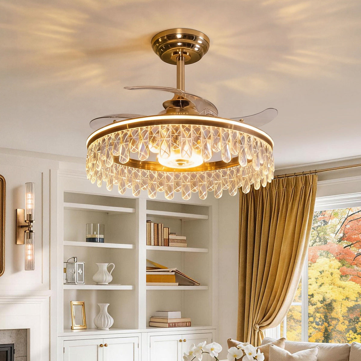 Lightsin 60cm Modern Gold Crystal Ceiling Fan with Light