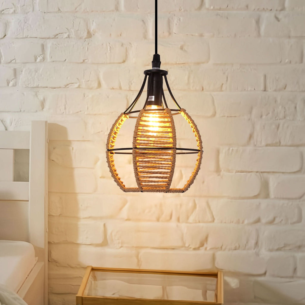Glyph-Lightsin Rustic Iron Woven Rattan Pendant Light for Dining Room, Reading Corner & Bedroom