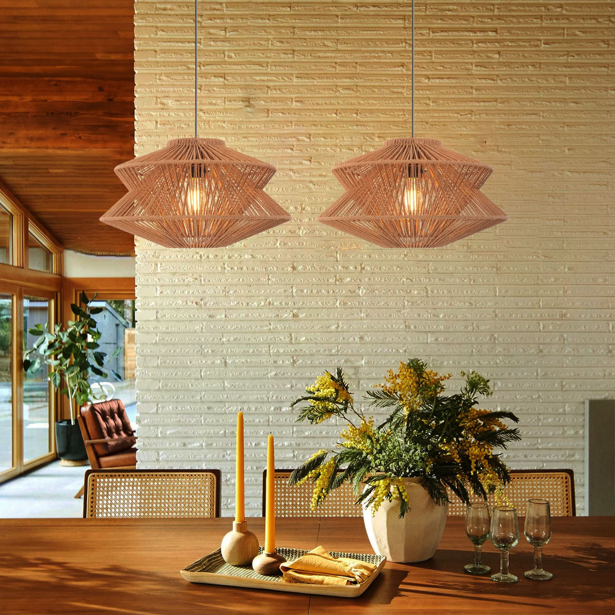 Lightsin Khaki Handwoven Paper Rope Pendant Light with Iron Frame