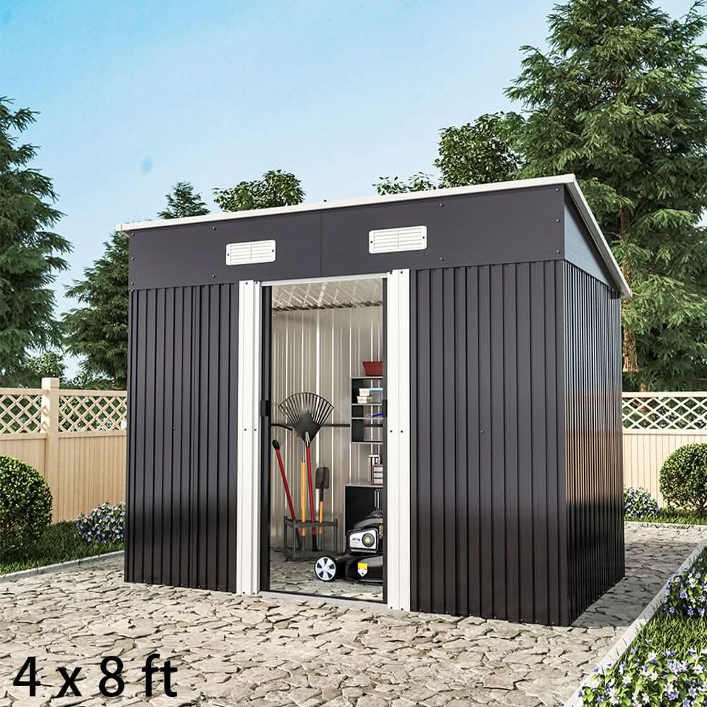 4 x 6 ft / 4 x 8 ft Steel Garden Shed with Skillion Roof Top Steel Black/Green